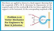 2.10 Two forces are applied as shown to a hook support. | Beer & Johnston | Engineers Academy