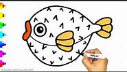 Blowfish Drawing and coloring for kids - How to Draw Blowfish