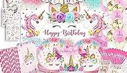 Unicorn Birthday Decorations with Backdrop for Girls- Unicorn Party Supplies Serves 16 Includes Happy Birthday Banner, Unicorn Backdrop, Napkins, Plates, Cake Topper, Headband, Sash & Tablecloth