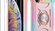 for iPhone Xs Max Case 6.5 Inch with Ring Stand, with 2 Pack Glass Screen Protector,Heavy-Duty Shockproof Rugged Military Grade Cover with Magnetic Car Mount (Rainbow Pink)