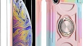 for iPhone Xs Max Case 6.5 Inch with Ring Stand, with 2 Pack Glass Screen Protector,Heavy-Duty Shockproof Rugged Military Grade Cover with Magnetic Car Mount (Rainbow Pink)