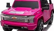 2 Seater 24V Licensed Chevrolet Silverado HD Battery Powered 4x4 Electric Car with Remote Control Ride On Toys Vehicle with EVA Tires Wheels Pickup Truck for Boys Girls, Music, Pink