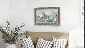 Hydrangea Bouquet Wooden Framed Artwork: Abstract Flower in Vase Wall Art Painting Rustic Floral Prints Botanical Picture for Living Room Bedroom