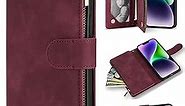 ZZXX iPhone 14 Plus Case Wallet with [RFID Blocking] Card Slot Premium Soft PU Leather Zipper Flip Folio with Wrist Strap Kickstand Protective Cover for iPhone 14 Plus Wallet Case(Wine Red-6.7 inch)