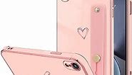 LLZ.COQUE Compatible with iPhone Xr Case for Women Girls, Bling Luxury Plated Bumper with Cute Love-Heart Design, Adjustable Hand Strap Stand, Raised Edges Shockproof Protection for iPhone Xr - Pink