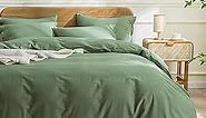 JELLYMONI Green Duvet Cover Queen Size - 100% Washed Cotton Linen Like Textured Comforter Cover, 3 Pieces Breathable Soft Bedding Set with Button Closure (Green, Queen 90"x90")