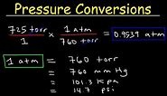 Gas Pressure Unit Conversions - torr to atm, psi to atm, atm to mm Hg, kpa to mm Hg, psi to torr
