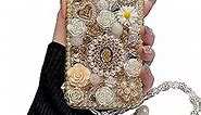iFiLOVE for iPhone 14 Pro Max Bling Diamond Case with Flower Strap, 3D Luxury Sparkle Glitter Crystal Rhinestone Pearl Love Rose Wristband Bracelet Case Cover for Girls Women Kids (Champagne)