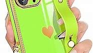 Petitian for iPhone 11 Pro Max Square Case Loopy Stand/Strap, Luxury Cute Women Girls Heart Electroplated Designer Squared Edge Phone Cases for 11 Pro Max, Neon Green
