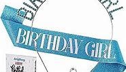 Birthday Girl Sash & Tiara Set, Blue Birthday Sash and Rhinestone Crown for Women, Happy Birthday Party Decorations Headband Birthday Gifts for Her, Happy Birthday Decor