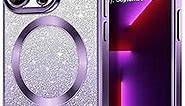 Hython for iPhone 13 Pro Case Clear Magnetic Glitter Phone Cases [Compatible with MagSafe] Full Camera Lens Protector Gradient Sparkle Luxury Plating Shockproof Protective Cover Women, Square/Purple