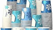 100 Pcs Disposable Paper Snowflake Cups with Handles 9 oz Snowflake Espresso Cups Winter Coffee Mugs Beverage Drink Dinnerware Set for Adults Kids Winter Holiday Party Supplies