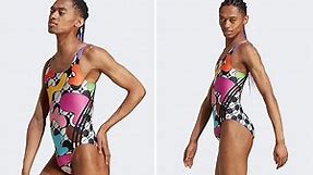 Model with bulging crotch shows off Adidas women's swimwear