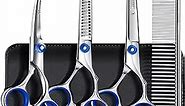Gimars Professional 5 in 1 Grooming Scissors for Dogs 4CR with Safety Round Tip, Heavy Duty Titanium Coated Straight & Thinning & Curved Shears