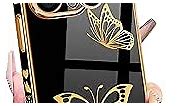 Petitian for iPhone 14 Pro Max Case, Cute Women Girls Gold Designed Butterflies Phone Cases for iPhone 14 Pro Max, Girly Gold Plating Phone Cover for 14 Pro Max with Camera Protector Black