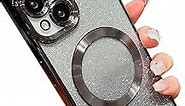 for Square iPhone 14 Case Glitter Magnetic Compatible with MagSafe Full Camera Lens Protection Luxury Plating Cute Bling Clear Shockproof Slim Phone Case for Women Girls (Black)