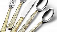 FIWAREX 20 Piece Hammered Silverware Set, Luxury Silver+Gold Design Flatware Set For 4, 18/10 Stainless Steel Durable Cutlery Set, Mirror Polished Forks Spoons and Knives Set with Gift Box