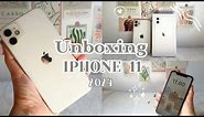 iphone 11 unboxing in 2024 (white) 🤍 | aesthetic unboxing + set up + accessories + camera test