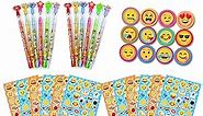 TINYMILLS Emoji Birthday Party Favor Set (12 multi-point pencils, 12 stampers, 12 sticker sheets, 12 small spiral notepads) Emoji Pencils Emoji Stampers Emoji Notepads Emoji Stickers
