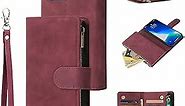UEEBAI Wallet Case for iPhone 13 Pro Max, Premium Vintage PU Leather Magnetic Closure Handbag Zipper Pocket Case Kickstand Card Holder Slots with Wrist Strap TPU Shockproof Flip Case - Wine Red