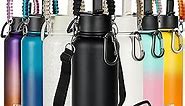 32 oz Insulated Water Bottle with Paracord Handles & Strap, 2 Lids(Straw Lid&Spout Lid), Stainless Steel Reusable Wide Mouth Metal Water Bottle With Straw, Double Walled(Black)