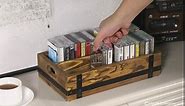 MyGift Rustic Burnt Wood Retro Audio Cassette Tape Storage Box with Matte Black Metal Bracket Accents