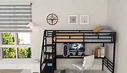 Twin Loft Bed with Desk and Storage Stairs, Heavy Duty Loft Bed Twin Size with Guardrail and Long Desk, Twin Size Loft Bed for Kids, Black Loft Bed Twin Size