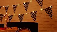 Light up Black and White Checkered Flag Banner, 32.8 ft Racing Flags Plastic Race Flags Checkered Pennant Banner with 8 Light Modes for Nascar Race Themed Party Decorations Supplies
