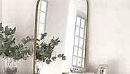 Gold Antique Mirror for Wall, 19x30 Inch Large Brass Arched Mirror Decorative Vintage Bathroom Mirrors, Ornate Entryway Baroque Mirror, Metal Frame, Hangs Vertically or Leaning