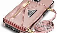 Zipper Wallet Purse Compatible with iPhone 14 Plus Crossbody Case with Strap Women Credit Card Holder Lanyard 6.7'' Kickstand Flip Leather (Pink,IP 14 Plus)