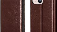 Belemay iPhone 14 Wallet Case - Genuine Leather Flip Cover with RFID Blocking, Shockproof TPU Shell, & Card Holders - Brown (6.1-inch)