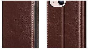 Belemay iPhone 14 Wallet Case - Genuine Leather Flip Cover with RFID Blocking, Shockproof TPU Shell, & Card Holders - Brown (6.1-inch)