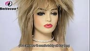 80s Tina Rock Diva Costume Wig with Necklace and Earring for Women Big Hair Blonde 70s 80s Rocker Mullet Wigs Glam Punk Rock Rockstar Cosplay Wig for Halloween Party (Light Blonde)