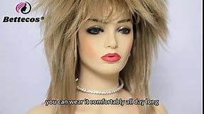 80s Tina Rock Diva Costume Wig with Necklace and Earring for Women Big Hair Blonde 70s 80s Rocker Mullet Wigs Glam Punk Rock Rockstar Cosplay Wig for Halloween Party (Light Blonde)