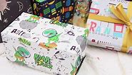 Boys Girls Kids Alien Outer Space Dinosaur Wrapping Paper Gift Wrap Multipack 12 Sheets 70*50cm With 4 Different Color Ribbons 17 Space Theme Stickers for Holiday Birthday Congrats Party Baby Shower