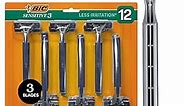 BIC Sensitive 3 Disposable Razors for Men With 3 Blades for Sensitive Skin, 12 Count Value Pack of Shaving Razors