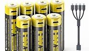HW USB Rechargeable AA Batteries, Lithium Ion 1.5v Constant Output 2800mWh(1860mAh), 2 Hours Fast Charge,1000+ Cycles Double A Batteries, 4-in-1 USB Charging Cable, 8-Pack