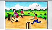 Boys Playing Cricket Drawing || Cricket Drawing || How To Draw Cricket Players