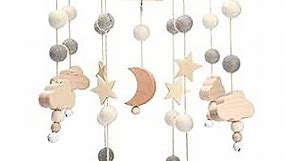Boho Baby Crib Mobile Decor - Wooden Moon and Stars Nursery Mobiles with Cloud for Bassinet Starry Night Handmade Soft Felt Beads Hanging Wind Chime Toys Pendant for Infant Newborn Boy and Girl