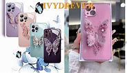 IVYDREVER Flat 3D Butterfly Pattern Glass Cover Compatible with iPhone, Floral Butterfly Clear Case, Compatible with iPhone 12 to 14 Pro Max Case with Strap