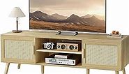 SUPERJARE Boho TV Stand for 55 Inch TV, Entertainment Center with Adjustable Shelf, Rattan TV Console with 2 Cabinets, Media Console, Solid Wood Feet, 4 Cord Holes, for Living Room - Natural