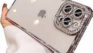 Fycyko Phone Case for iPhone 13 Pro Max Case with Sparkle Diamond Rhinestone Glitter Camera Len Protector,Crystal Bling Clear Cute Plating Phone Case Shockproof for iPhone 13 Pro Max 6.7''-Rose Gold