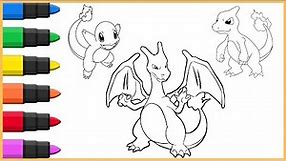 Pokemon coloring book pages Chamander, Charmeleon and Charizard. Satisfying pokemon kids coloring