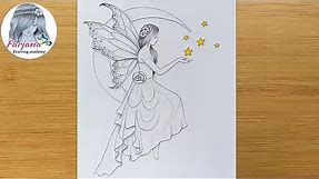 A fairy is sitting on the Moon - Pencil Sketch || How to draw Fairy Dreams Scenery || peri çizimi