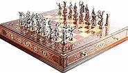 Metal Chess Set for Adult Historical Antique Copper Rome Figures Handmade Pieces and Natural Solid Wooden Chess Board with Original Pearl Around Board and Storage Inside King 4 inc
