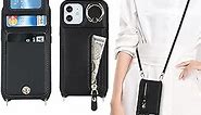 Jaorty iPhone 12 Mini Phone Case with Card Holder, iPhone 12 Mini Case Wallet for Women Men with Strap,Crossbody Lanyard Cases with Credit Card Slots Kickstand with Ring Holder Stand Case,5.4" Black