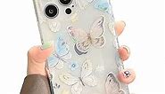 ooooops Glitter Clear Phone Case for iPhone 15 Pro Max Case for Women Girls, Cute Blue Yellow Butterflies Cute Floral Pattern, Slim Hard Protective Case for iPhone 15ProMax 6.7'' (Butterfly & Flower)