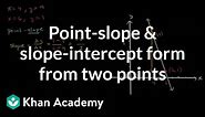 Point-slope and slope-intercept form from two points | Algebra I | Khan Academy