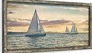 Coastal Framed Wooden Wall Art: Ocean Painting Art Sail Boats Artwork Decor Sunset Seascape Picture Prints for Bedroom 24"x12"