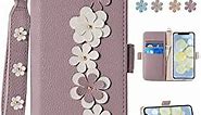 iPhone 11 Pro Wallet Case for Women, iPhone 11 Pro Flip Case with Card Holder Hand Strap, Flowers Leather Phone Case with Stand & Inlay Shockproof TPU for iPhone 11 Pro 5.8 inch, Purple(1)